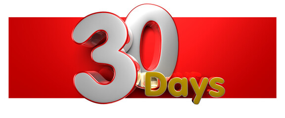 Number 30 Days over a red text box 3D illustration. Advertising signs. Product design. Product sales.