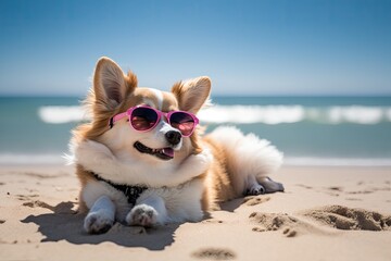 Small Dog in Pink Sunglasses on Beach, generative AI