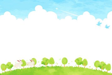 可愛いウサギと緑の風景イラスト