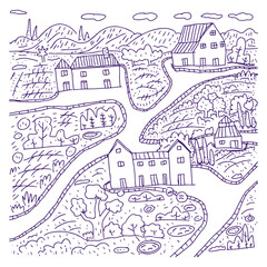 Village doodle map hand drawn