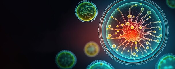 Virus. Abstract 3d corona microbe on blue background, allergy bacteria, medical healthcare, microbiology concept. Disease germ, pathogen organism, by ai generative