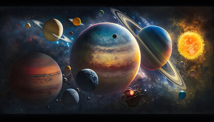 Fototapeta na wymiar Solar system planets around the scientific sun information, Oil Paintings