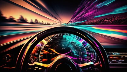 dashboard car in long exposure dynamic speed colorfull light trails background. cyber punk, drift by ai generative