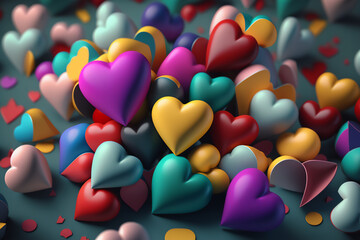 A heart-shaped rainbow of colors illustration with a variety of hearts