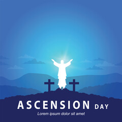 Fototapeta na wymiar ascension day with illustration of jesus statue with white light and blue sky background