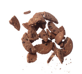 Cookie Chocolate ship fall fly in mid air, Cocoa Cookie Chocolate ship floating. Cookie Chocolate ship round crack crunch throw in air. White background isolated freeze motion high speed shutter