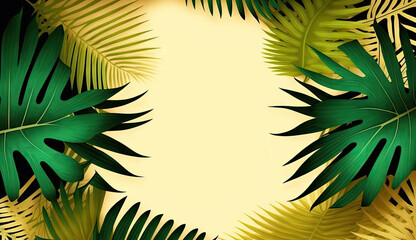 Summer special offer sale design with palm leaves on tropical, plants frame background