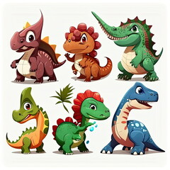 set of Dinosaurs cartoon, white background, Made by AI,Artificial intelligence