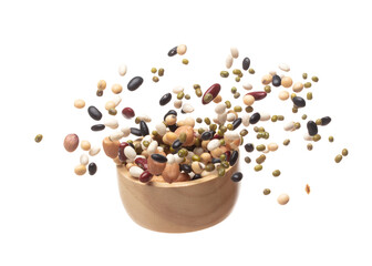 Mix beans fall down explosion, several kind bean float explode in wooden bowl. Dried white green red soy black peanut mixed beans splash throwing in Air. White background Isolated high speed shutter