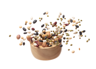 Mix beans fall down explosion, several kind bean float explode in wooden bowl. Dried white green red soy black peanut mixed beans splash throwing in Air. White background Isolated high speed shutter