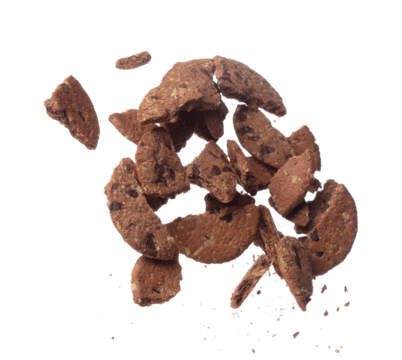 Cookie Chocolate ship fall fly in mid air, Cocoa Cookie Chocolate ship floating. Cookie Chocolate ship round crack crunch throw in air. White background isolated freeze motion high speed shutter