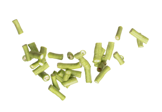 Chopped Long yard bean fly explosion, Cut green long beans for food cooking float in air. Raw slice long yard bean throw in mid air as food material. White background isolated high speed freeze motion