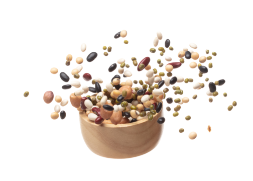 Mix beans fall down explosion, several kind bean float explode in wooden bowl. Dried white green red soy black peanut mixed beans splash throwing in Air. White background Isolated high speed shutter