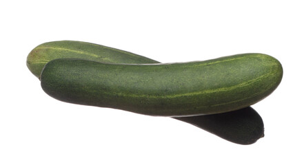 Cucumber fly in mid air, green fresh vegetable cucumber falling. Organic fresh vegetable with eaten leaf of long cucumber, close up texture. White background isolated freeze motion high speed shutter
