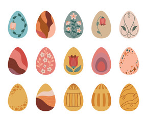 Świąteczne jajka, ozdobne pisanki. Zestaw kolorowych jajek wielkanocnych. Ilustracje wektorowe na Wielkanoc.