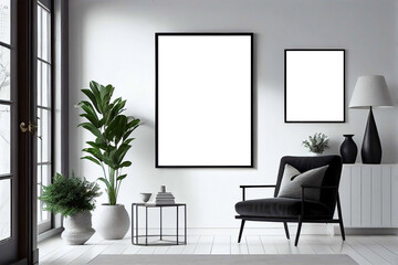Interior frame mockup, picture poster wall art mock up at home in Scandinavian minimalistic style. Generative AI