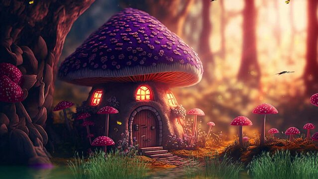 Mushroom house animation in the middle of a fairy tale forest, dreamlike animation of a gnome house