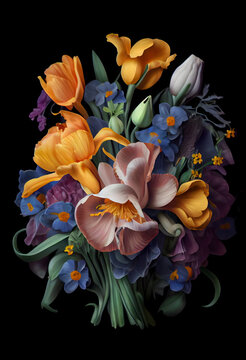 a beautiful bouquet of roses lilies and pansies, detailed and intricate oil painting. Generative AI