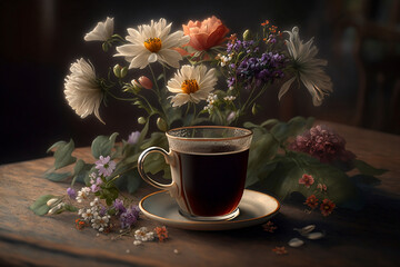 cup of a coffee on a table with flowers- ai