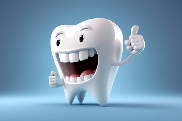 3D realistic happy white tooth , Tooth cartoon characters with thumbs up on bright background , Cleaning and whitening teeth concept