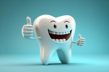 3D realistic happy white tooth , Tooth cartoon characters with thumbs up on bright background , Cleaning and whitening teeth concept