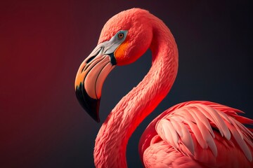 Portrait of a pink flamingo on dark background. Generative AI.