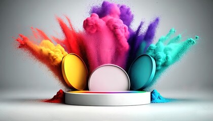 Atractive empty podium stage Product display in white background with colorful powder paint explosion, by ai generative