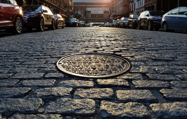 Manhole cover in an old cobblestone street lined with parked cars in the Tribeca neighborhood of New York City