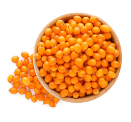 Bowl with fresh ripe sea buckthorn berries on white background, top view