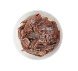 Anchovy fillets in bowl on white background, top view