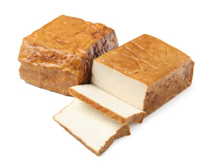 CUt smoked tofu cheese on white background