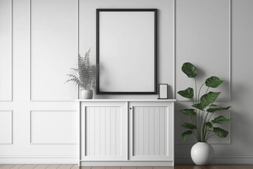 Blank Frame On Cabinet In Living Room Interior. Generative AI.