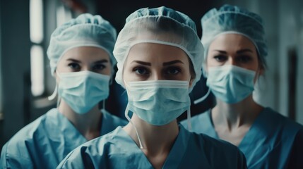 Three serious female healthcare workers wearing a protective face mask looking at the camera. Generative AI