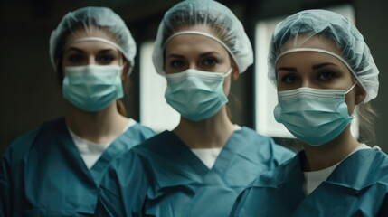 Fototapeta na wymiar Three serious female healthcare workers wearing a protective face mask looking at the camera. Generative AI