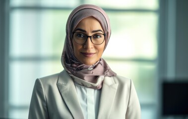 Portrait of confident Beautiful smiling muslim working businesswoman wearing a hijab, suit and eyeglasses. generative AI - obrazy, fototapety, plakaty