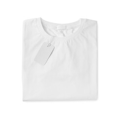 Stylish T-shirt with label isolated on white, top view
