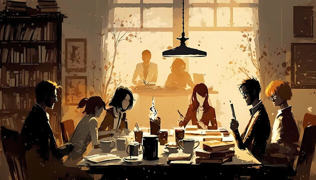 A book club meeting, bringing people together. digital art illustration. generative AI.