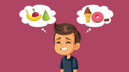 Kid Deciding Between Sweets and Fruit Dessert Vector Cartoon Illustration. Funny little boy craving for something sweet 
