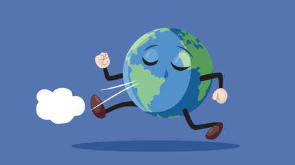 Funny Earth Planet Running Away Vector Cartoon Illustration. Stressed terra globe character having problem exercising 
