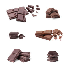 Collage with pieces of tasty different chocolate bars on white background