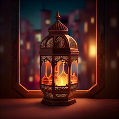 Illustration of Lanterns in a Desert Sky with Islamic Mosque and Crescent Moon for Ramadan Kareem