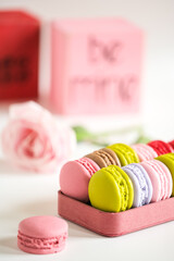 macaroon in pink box. selective focus