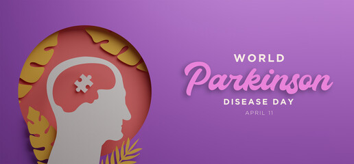 World Parkinson disease Day poster with silhouettes of human  faces in paper cut and copy space. Alzheimer's Disease. mental health. brain cancer. down syndrome 3d render illustration.