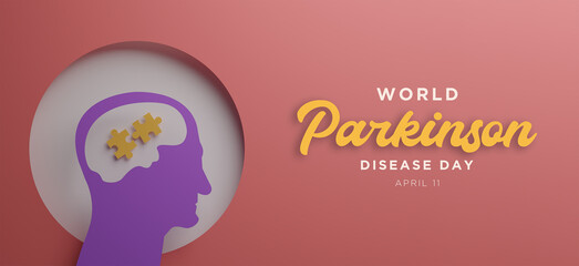 World Parkinson disease Day poster with silhouettes of human  faces in paper cut and copy space. Alzheimer's Disease. mental health. brain cancer. down syndrome 3d render illustration.