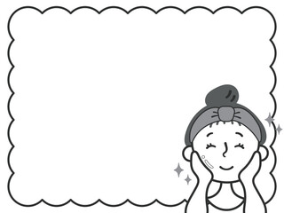 スキンケアで肌が綺麗になって喜ぶ女性のイラスト素材　フレーム　線画