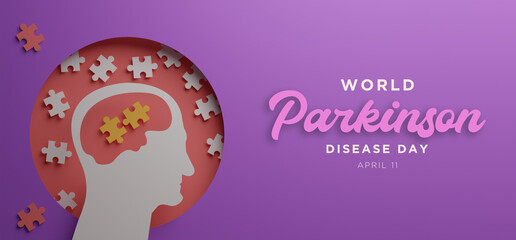 World Parkinson disease Day poster with silhouettes of human  faces in paper cut and copy space. Alzheimer's Disease. mental health. brain cancer. down syndrome 3d render illustration.