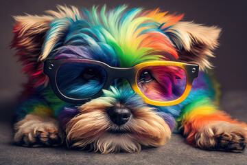 Cute puppy with colorful sunglasses , symbolic of LGBTQ campaign, generative AI