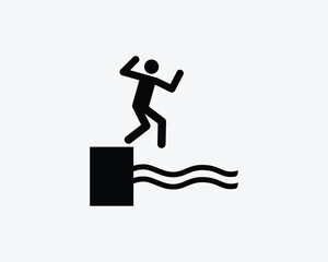 Cliff Diving Icon Dive Leap Jump Jumping into Water Pool Deck Vector Black White Silhouette Symbol Sign Graphic Clipart Artwork Illustration Pictogram