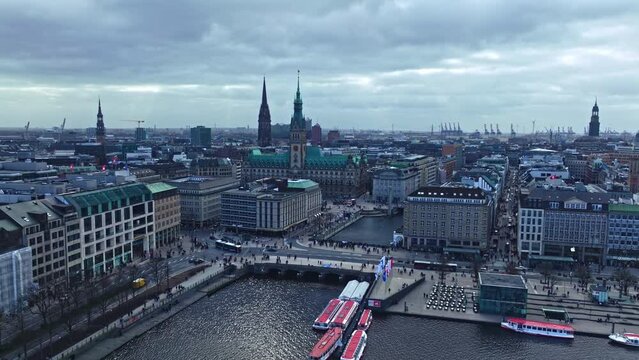 Drone shot revealing Hamburg City Center (Altstadt) , Germany .
