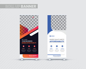 Modern business agency stands Roll up banner design stands template layout for exhibition with 2 design and 2 color. display banner, brochure, x-banner, Standee Banner editable street banner vector te